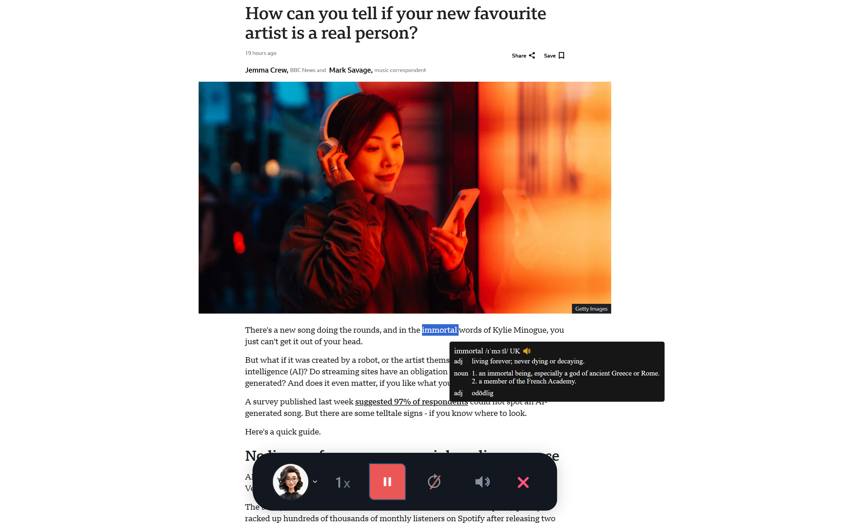screenshot of the TTS Player in Dictionariez