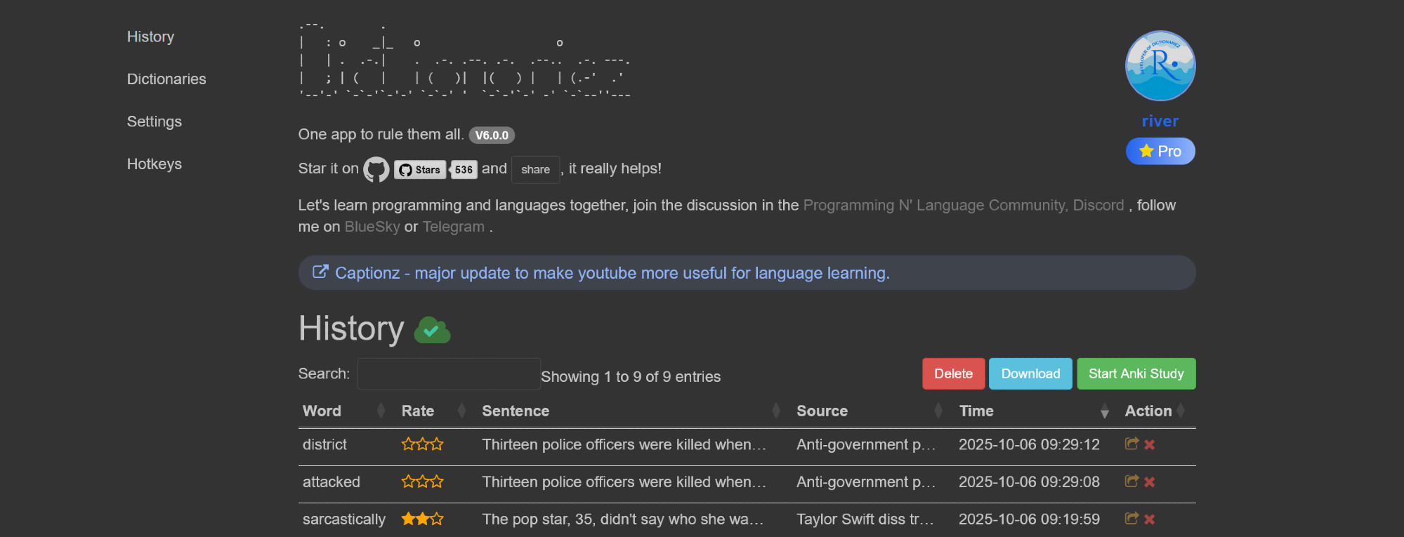 screenshot of Dictionariez options page