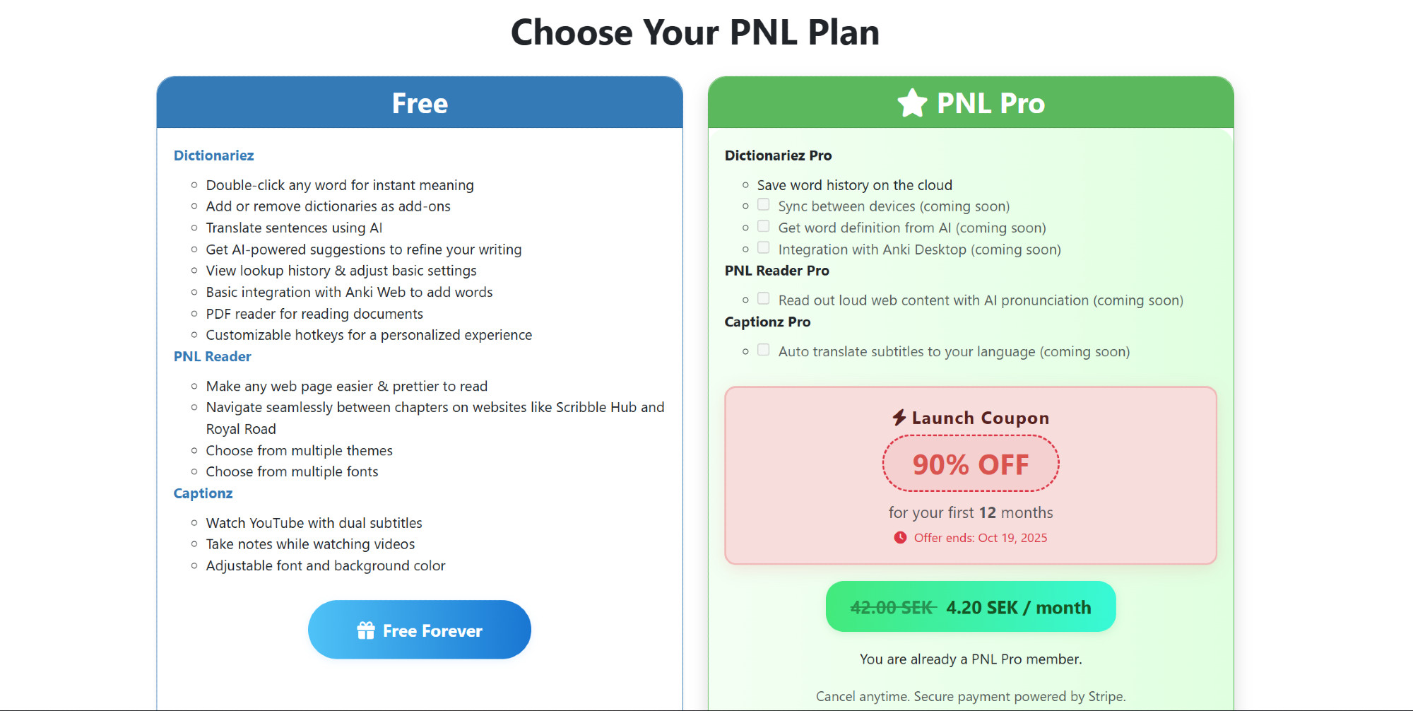 screenshot of PNL Pro plans