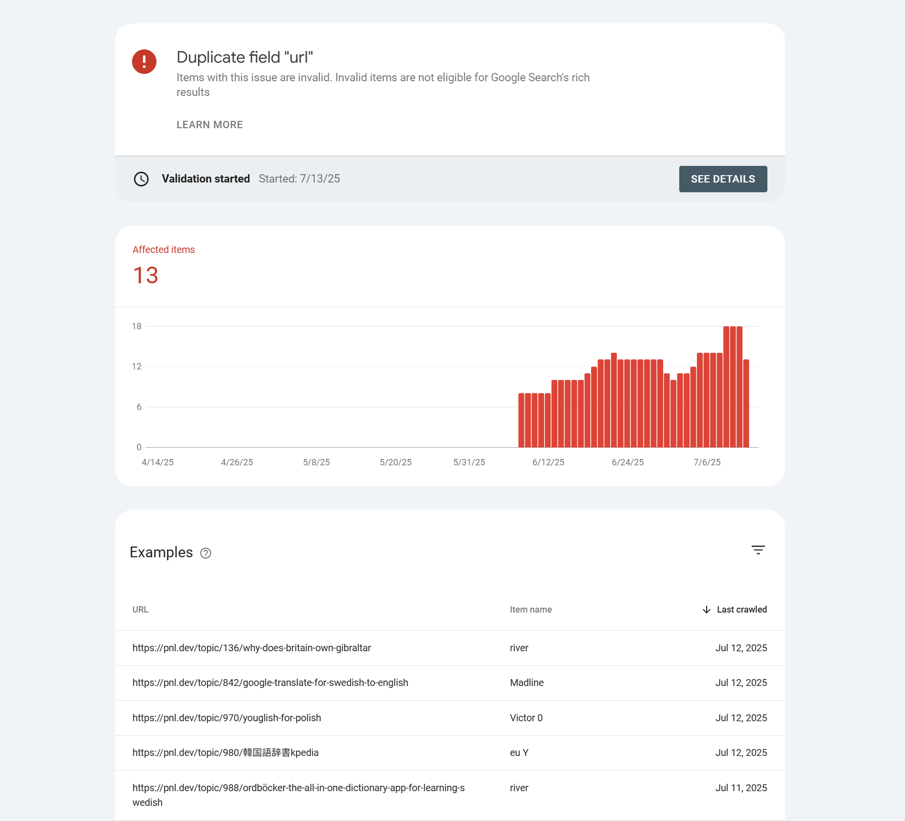 screenshot of the issue on google search console